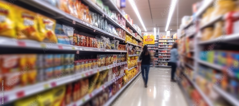 Woman grocery shopping at supermarket aisle defocused background. Generative AI technology.
