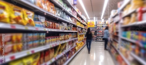 Woman grocery shopping at supermarket aisle defocused background. Generative AI technology.
