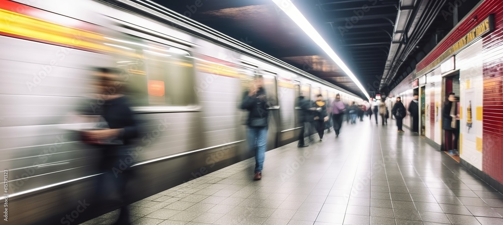 Underground train station people walking motion blur effect background. Generative AI technology. Underground train station people walking motion blur effect background. Generative AI technology.