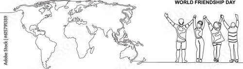 One line of World Friendship Day banner with world map. Continuous line Concept Observed on Every July 30. Single line of Friendship Day isolated on white background.