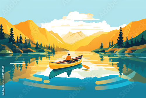 canoeing adventure boat on peaceful lake summer nature landscape illustration Generative AI