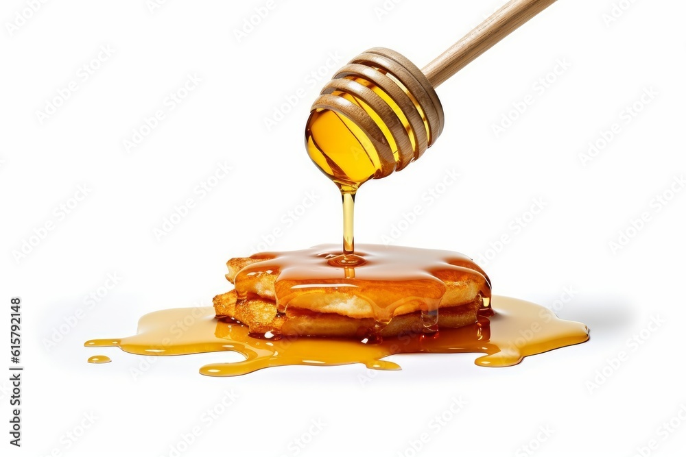 A honey dipper drizzling honey onto pancakes white background. Generative AI A honey dipper drizzling honey onto pancakes white background. Generative AI