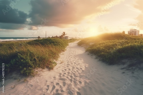 Path on the sand going to the ocean in Miami Beach Florida at sunrise or sunset, beautiful nature landscape by generative ai
