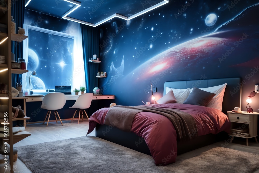 Galaxy themed bedroom featuring wall murals of star Galaxy themed bedroom featuring wall murals of star