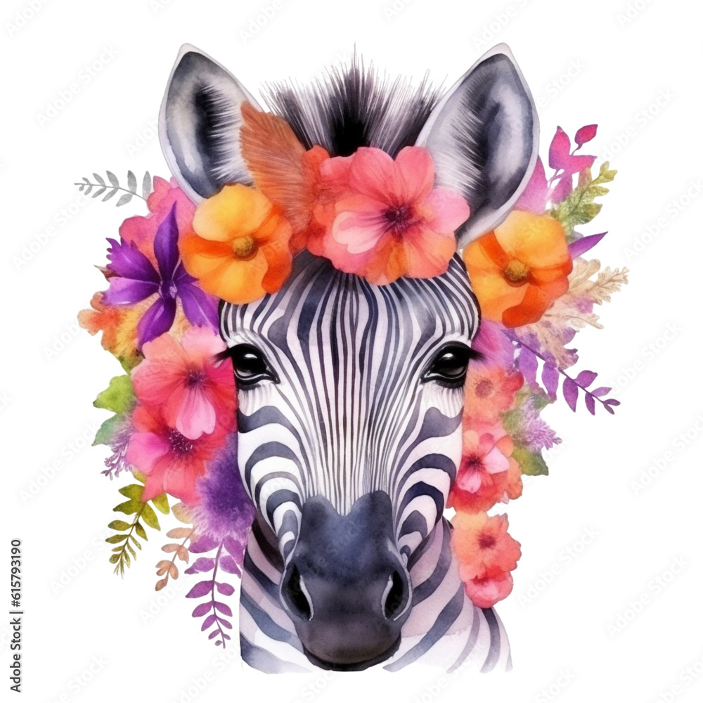 Cute zebra animal with flower in the watercolor style. Generative ai illustration Cute zebra animal with flower in the watercolor style. Generative ai illustration