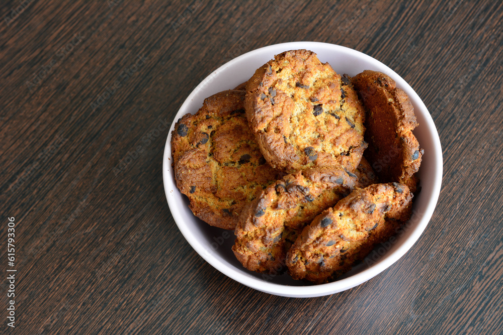 healthy biscuits with oatmeal and chocolate, copy space healthy biscuits with oatmeal and chocolate, copy space