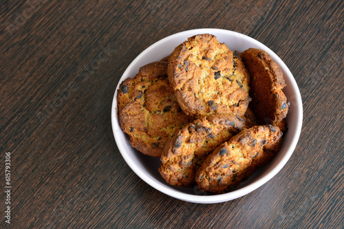 healthy biscuits with oatmeal and chocolate, copy space  