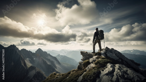 A man stands on top of a mountain. Back view.