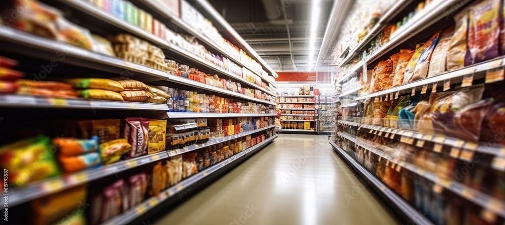 Supermarket products aisle defocused background. Generative AI technology.