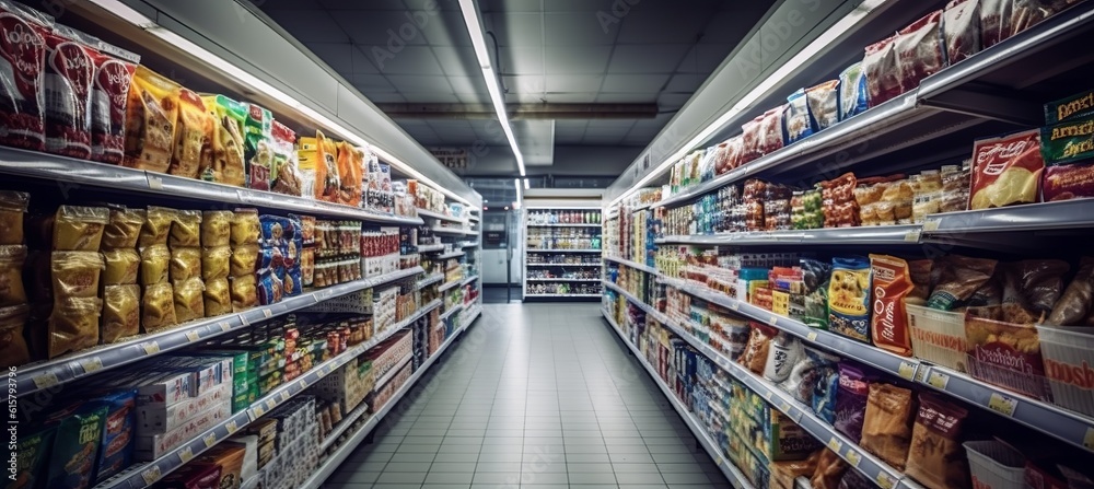 Modern supermarket aisle background. Generative AI technology.