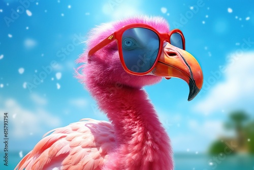 Pink flamingo wearing summer sunglasses