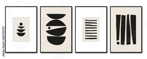 Vector flat abstract posters. Minimalist illustrations in a black frame with geometric shapes, pastel and black colors. Vintage style. Design for wall decoration, cardboard, poster or brochure.