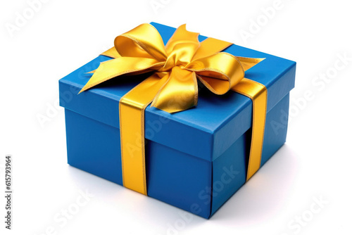 Blue gift box with yellow, golden ribbon
