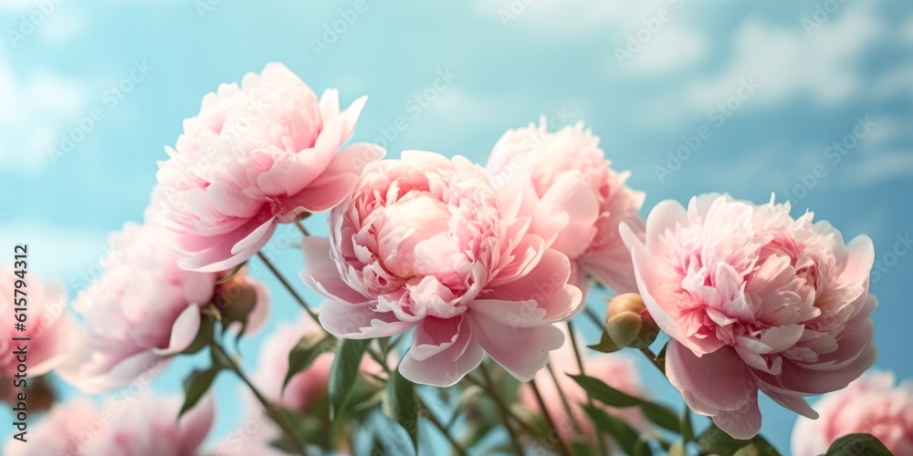 The large, beautiful pink peonies are stunning against the light background.