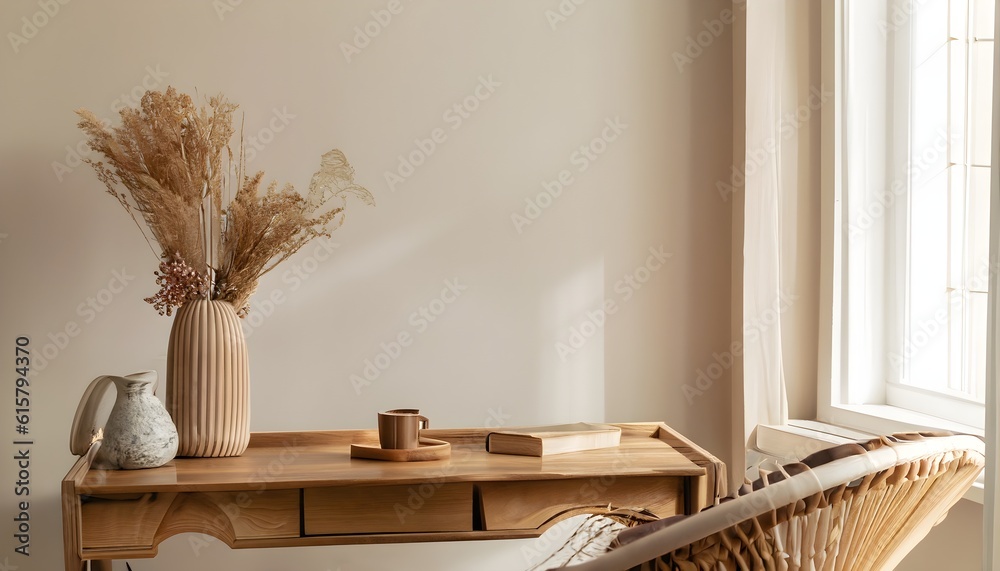 interior of a room, desk near window. Modern organic shaped vase with dry flowers, grass. Cup of tea, coffee, old books. Rattan chair at home Wooden table, ai generated, generated ai interior of a room, desk near window. Modern organic shaped vase with dry flowers, grass. Cup of tea, coffee, old books. Rattan chair at home Wooden table, ai generated, generated ai