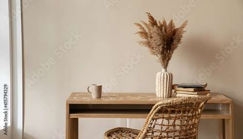 desk near window. Modern organic shaped vase with dry flowers, grass. Cup of tea, coffee, old books. Rattan chair at home. Minimal Scandi boho interiorbackground mockupai generated, generated ai