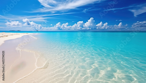 Beautiful seascape with sandy beach with few palm trees and blue lagoon 