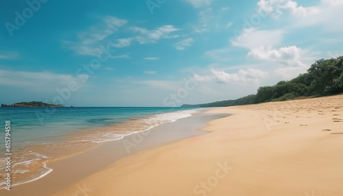 Beautiful seascape with sandy beach with few palm trees and blue lagoon 