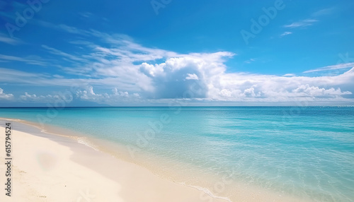 Beautiful seascape with sandy beach with few palm trees and blue lagoon 