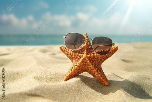 Starfish With Sunglasses On The Sunny Beach by generative ai © dhiyaeddine