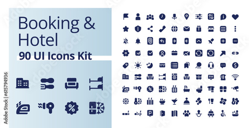 Booking and hotel black glyph ui icons kit. Accommodation for tourists. Silhouette symbols on white space. Solid pictograms for web, mobile. Isolated vector illustrations. Poppins font used