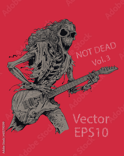 Hand drawn of Skeleton Rocker Playing Guitar Images, Illustration, Poster, Postcard, Vector , Tshirt, ceramic.  