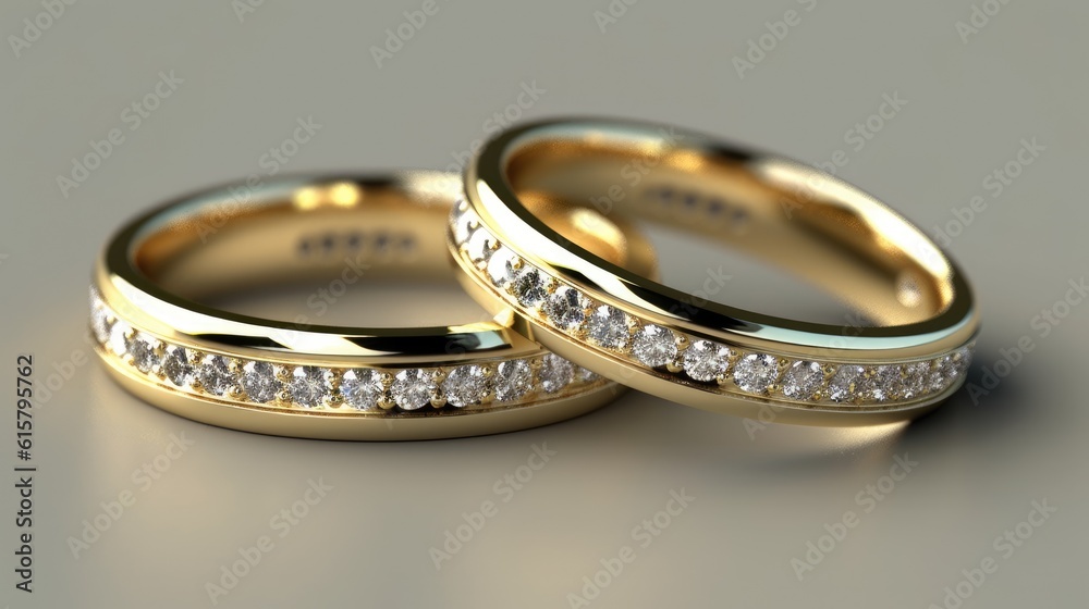 Wedding rings with diamond. Wedding postcard. Banner wedding rings illustration. Gold wedding rings with brilliant. Jewelry generative ai. Wedding rings with diamond. Wedding postcard. Banner wedding rings illustration. Gold wedding rings with brilliant. Jewelry generative ai.