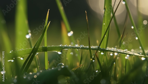 Fresh green grass with dew drops close up. Nature background photo