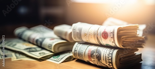 Stack of fiat money. Shiny light effect background. Generative AI technology.	