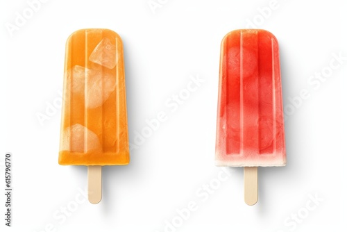 Top view, Orange and strawberry popsicles isolated on white background by generative ai photo
