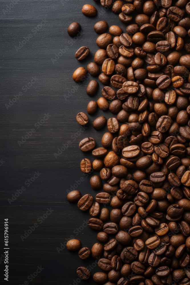 Coffee beans on a dark background. Background with copy space, vertical. AI generative. Coffee beans on a dark background. Background with copy space, vertical. AI generative.