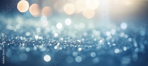 Frozen blue christmas glitter lights sparkle bokeh background. Generative AI technology. 