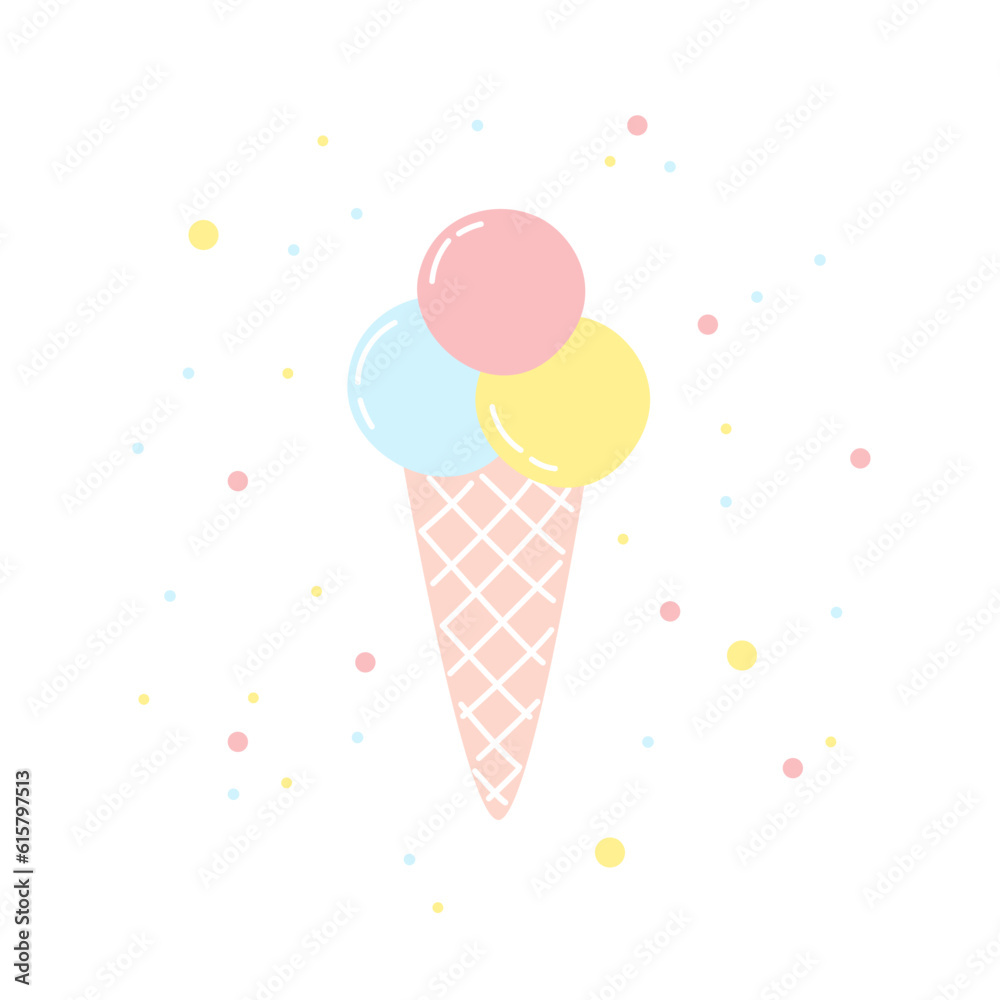 Vector illustration of ice cream in a waffle cone. Icecream in pastel ...