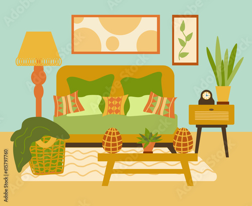 The interior of the bedroom with a large bed and a banquette and boho-style furniture. Vector illustration in a flat hand-drawn style. Eco-friendly interior