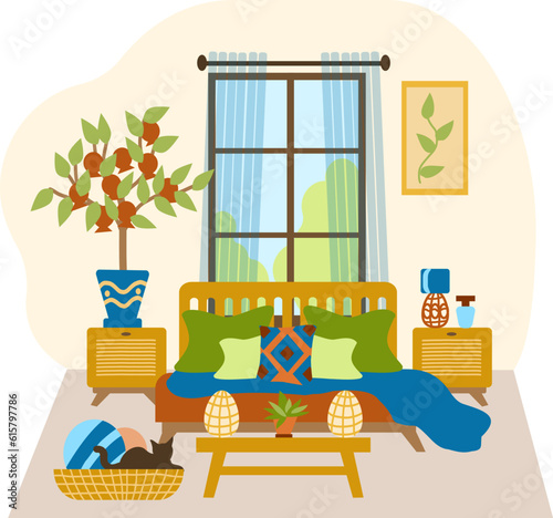 The interior of the bedroom with a large bed, a banquette, a pomegranate tree, and boho-style furniture. Vector illustration in a flat hand-drawn style. Eco-friendly interior