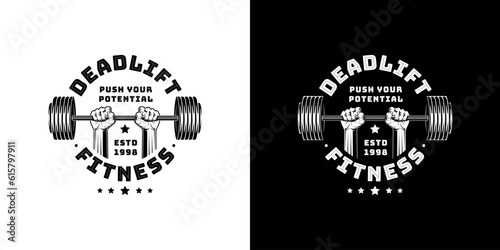 illustration of a rough strong clenched hand fist holding lifting a barbell or dumbbell. weight lifting gym fitness sport club vintage retro emblem badge label logo design