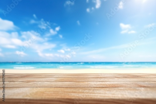 Tropical fine sandy beach with blured sea sun sky clouds background with wooden table top and empty space for product advertisement Montage of summer relaxation background by generative ai