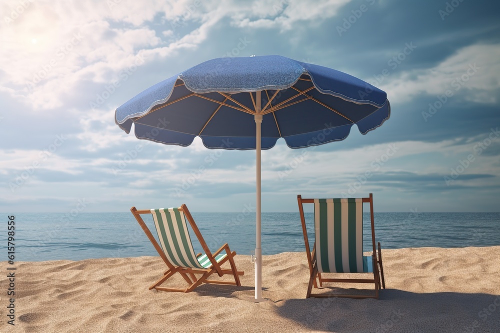 Umbrella and two chairs on the beach prepared for sunbathing by the water by generative ai