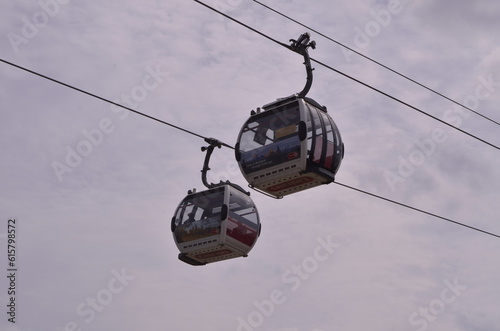 Two London cable cars on the sky, gloomy skiy and cable car experience photo