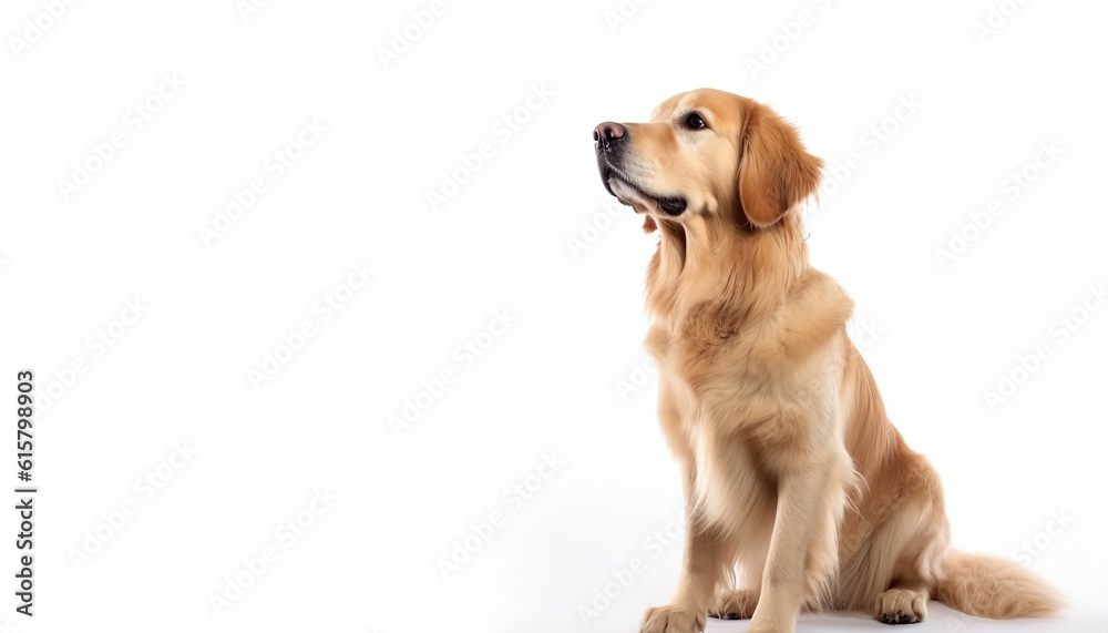 Golden Retriever dog isolated on white and yellow background.Close-up portrait