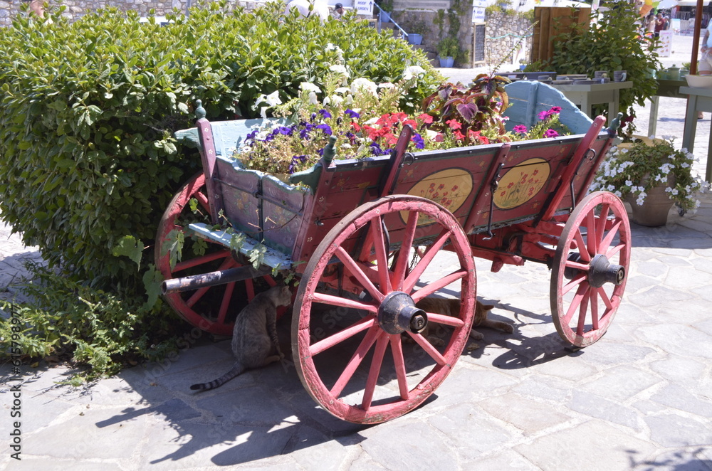 Beautiful flowers on the european style red wagon, green plants behind, sunlight