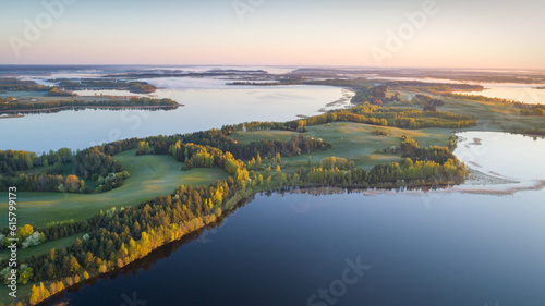 Aerial photo of beautiful lakes in the morning