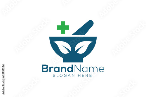 Organic medicine Mortar and pestle logo design template 