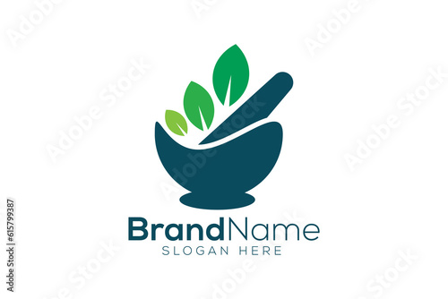 Organic medicine Mortar and pestle logo design template 