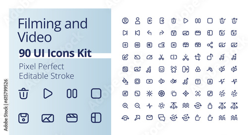 Video production pixel perfect linear ui icons kit. Filmmaking software. Footage settings. Movie editing tools. Motion picture. Outline isolated user interface elements. Editable stroke