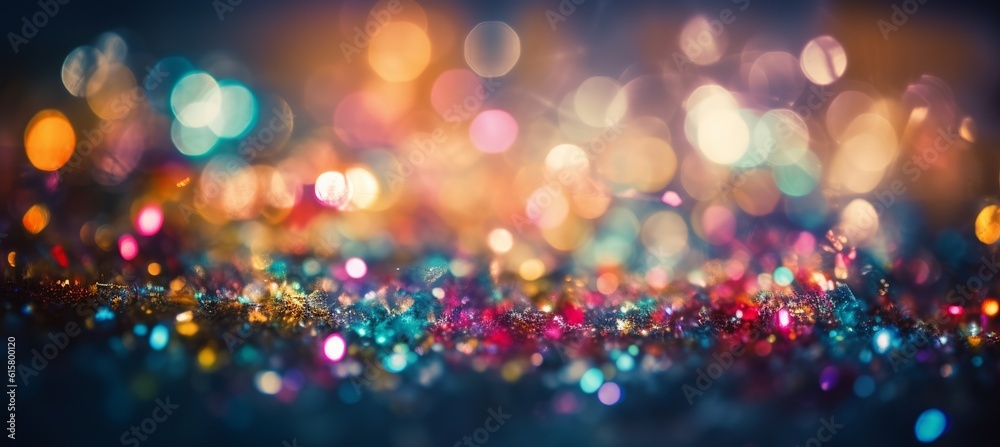Colorful glowing christmas glitter lights sparkle bokeh background. Generative AI technology.