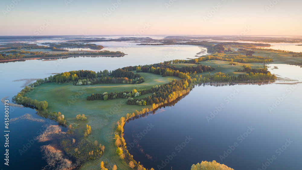 Aerial photo of beautiful lakes in the morning