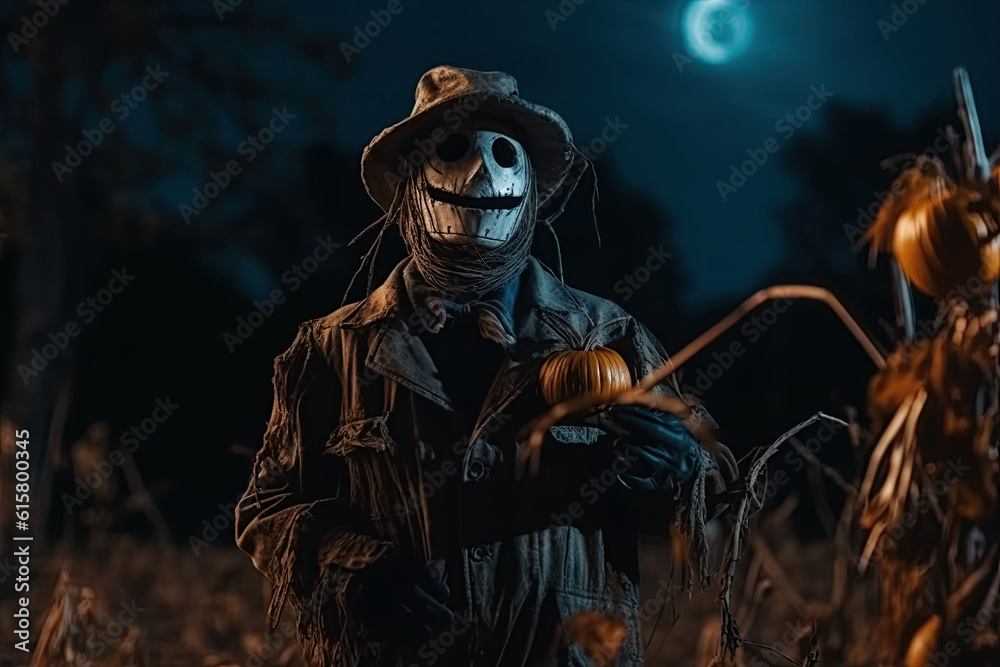 Creepy Scarecrow with a canvas bag on his head in a dense foggy forest. Generative AI illustration. Halloween scares.