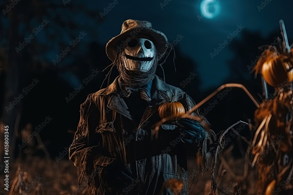 Creepy Scarecrow with a canvas bag on his head in a dense foggy forest. Generative AI illustration. Halloween scares. Creepy Scarecrow with a canvas bag on his head in a dense foggy forest. Generative AI illustration. Halloween scares.