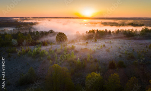 Aerial view of a foggy sunrise photo